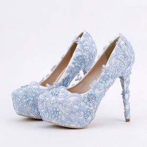 Blue Lace Prom Shoes Handmade Rhinestone Bridal Dress Shoes Platform Formele schoenen 5 5 centimeter comfortabele bruiloft Pompen 300K