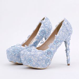 Blue Lace Prom Shoes Handmade Rhinestone Bridal Dress Shoes Platform Formele schoenen 5 5 centimeter comfortabele trouwpompen 222T