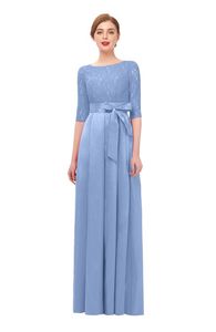 Blauwe kant satijn bescheiden bruidsmeisje jurken met halve mouwen juweel nek A-lijn vloer lengte land westelijk bescheiden meiden van eer jurk