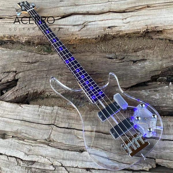 Blue LEDs Light 4 String Acrílico Bajo eléctrico Guitarra Maple Neck Rosewood Fingerboar Alta calidad Envío gratis