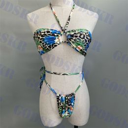 Bleu léopard Bikini femmes maillots de bain rétro dames maillot de bain licou conception maillot de bain string Bikinis