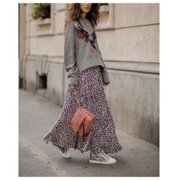 BLAUWE LEOPARD PRINT MAXI Viscose Skirts Asymmetric Hemline Zipper Back Fashion Woman Skirts T200113