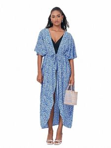 Blauw Luipaard Spot Print Plus Size Self Belted Frt Ong Kimo Dr 2024 Vrouwen Zomer Beachwear Badpak Cover Up Q1225 D9Fz #