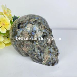 Blue Liberite Que Sera Stone Skull Decoratief kristal voor thuishandgesneden natuurlijke genezing Emotionele balans Rustig Meditatie Llaniet Gemstone menselijk hoofd standbeeld