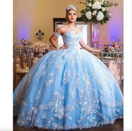 Blue Ligh Sky Ball Robes Quinceanera Robes pour filles Sexy Sweetherat Lace Appliuqed Priffe Princess Event Fany Robes de fête plus taille Matinenity Sweet 16 Robe S