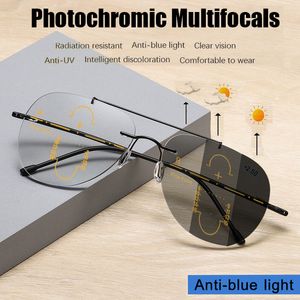 Lunettes de blocage de la lumière bleue Transition sans monture Lunettes de lecture multifocales pochromiques Hommes Femmes Progressive Smart Hyperopia Lunettes Anti-Blue Light Gogg 230606