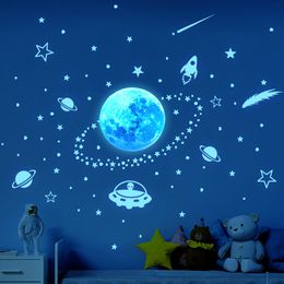Pegatinas de pared luminosas de meteorito de planeta de luz azul que brillan en la oscuridad, pegatinas de estrellas para habitaciones de niños, dormitorio, techo, calcomanías de decoración del hogar