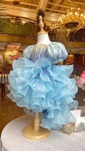 Blue Little Kids Flower Girl Robes 2024 Birthday Prom Party Robes Sheer Nec Appled Denteled Lace Firl Multiryer Girl Pageant Robe Princess Queen Mariage Robes