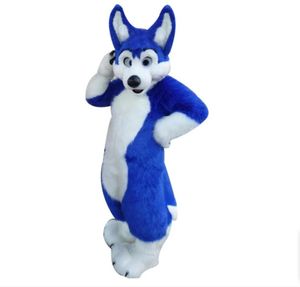 Bleu longue fourrure Husky chien renard mascotte Costume veste en cuir Halloween Costume de noël fête événement Costume fête taille noël