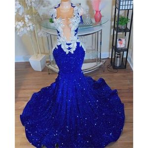 Blue Long Prom Sparkly Royal for Black Girls Sheer Sequins Birthday Party Robes African Mermaid Robe Robe
