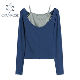 Blauwe lange mouw diepe crewneck t-shirt en grijze mouwloze camisole vest gemonteerde outfits vrouwen lente basic sexy sets dames 210417