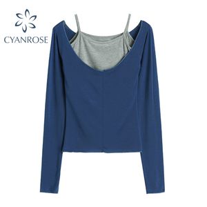 Camiseta azul de manga larga con cuello redondo profundo y chaleco camisola sin mangas gris Trajes ajustados Mujeres Primavera Conjuntos sexy básicos Damas 210417