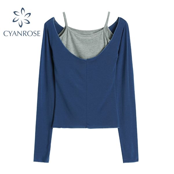 T-shirt à col rond profond bleu à manches longues et gilet camisole sans manches gris tenues ajustées femmes printemps ensembles sexy de base dames 210417