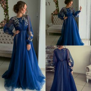 Bleu à manches longues bal une ligne dentelle appliqué tenue de soirée formelle robes de soirée arabe grande taille spécial Ocn robe ppliqued rabic