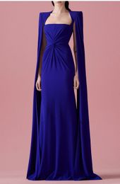 Bleu à manches longues châle Cape Robe de soirée de luxe célébrité princesse élégant arabe dubaï Robe de bal Satin col carré robes de soirée 2023 robes Longo Robe De soirée