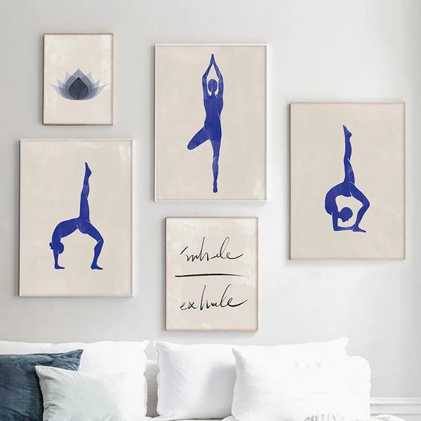 Lotus bleu Inspirez Expirez Fille Corps Impressions Mur Art Toile Affiches Yoga Pose Vie Libre Maison Photos Peinture Chambre Décoration 240122