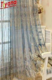 Blauwe luxe borduurwerk tule voor woonkamer goedkope gordijnraam gordijnen voor slaapkamer korting geel dunne gordijn voile 40 LJ20125763102