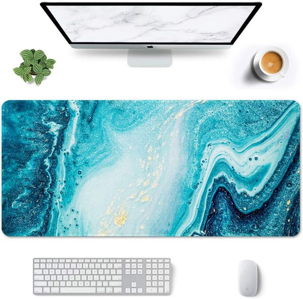 Tapis de souris de jeu étendu de bureau complet de conception de marbre bleu avec bord cousu tapis de souris antidérapant de clavier d'ordinateur