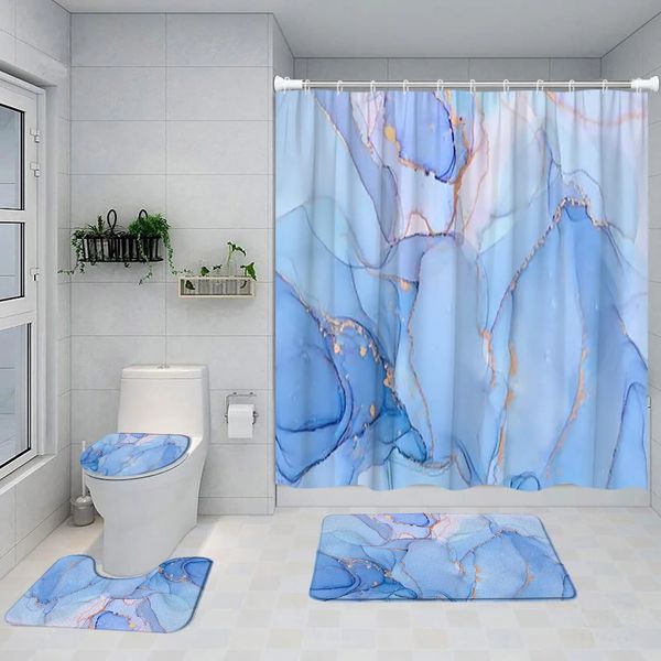 Ensemble de rideaux de douche en marbre bleu, art abstrait peint, décor de salle de bain moderne, tapis de bain, tapis antidérapant, couvercle d'abattant de toilette 240328