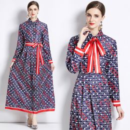 Blauwe Maxi-jurk voor Dames Designer Lange Mouwen Strik Gordel Runway Elegante Print Feestjurken Gewaden 2023 Herfst Winter Vakantie Revers Slanke Ruches A-lijn Dames Jurken