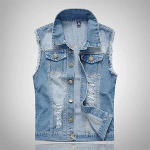 Veste en jean sans manches pour hommes bleus, gilet en jean déchiré, gilet de Cowboy en coton, coupe cintrée, Hip Hop, Streetwear, réservoirs surdimensionnés 6XL 240109