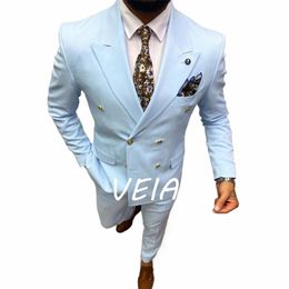 Bleu Hommes Costumes Trajes Elegante Para Hombres Blazer Masculino Double Boutonnage Revers Terno Veste Pantalon Deux Pièces Élégant T9hG #
