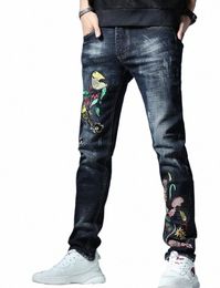 Bleu Mens Denim Ripped Hip Hop Skinny Leg Bird Floral Brodé Jeans Fi Stretch Denim Pantalon E0hQ #