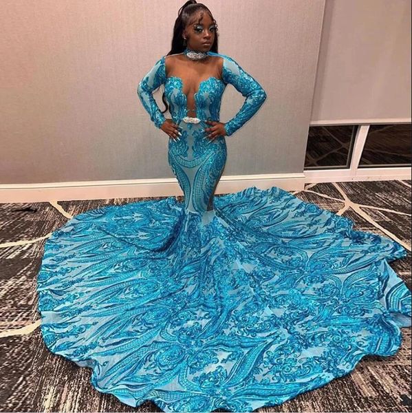 Robe De soirée sirène bleue pour filles noires africaines, à paillettes, ceinture en cristal, robe De bal, avec traîne découpée