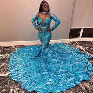 Robe De bal sirène bleue pour filles noires africaines, à paillettes, ceinture en cristal, robe De concours, avec traîne découpée