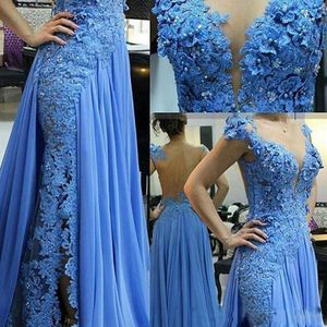 Robe de soirée de forme sirène bleue, longue, élégante, en dentelle, avec des appliques de fleurs et des perles, grande taille, sur mesure