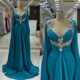 Robes de soirée sirène bleues perles de cristal col rond robe tapis rouge manches longues robes de bal formelles élégant vestido de novia