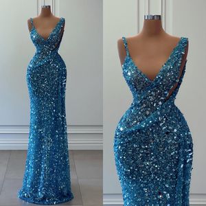Blue Mermaid Lake Elegant Glitter Sequins prom jurk lieverd lange jurken voor speciale ocns plooien avondjurken es