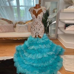 Vestido de baile de graduación de la sirena azul rrffles de la fiesta de cumpleaños de lujo de la fiesta de cumpleaños de lujo bata de vestir de ba. Made