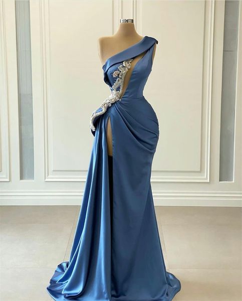Robes de bal de sirène bleues une épaule haut côté fendu perles de satin robe de soirée arabe robes de femmes sexy personnaliser robe de soirée formelle