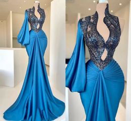Blue Mermaid Prom Dresses Sexy Deep V-Neck Long Sheeves avondjurk bruidsmeisje formele jurken op maat gemaakt gemaakt