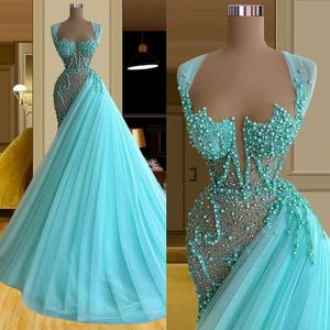 Blue Mermaid Prom -jurken Mouwloos met overkruip illusie lijfjes kristallen kralen op maat gemaakte avondjurk formele ocn slijtage vestidos plus maat 401