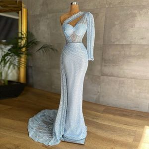 Blue Mermaid Sparkling Prom Dresses Princess One Shoulder One Long Sleeve Appliques Parken Lace Ruffles Mode vloer lengte feestjurken plus maat op maat gemaakt