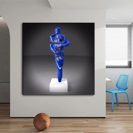 Estatua de figura de metal azul lienzo de pintura arte de pared romántica pareja abstractor abrazo de escultura huella estampado decoración moderna del hogar