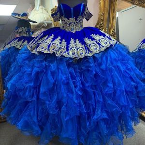 Blauwe Mexicaanse Quinceanera Jurken Goud Applique Tull Gelaagde Baljurk Verjaardagsjurk Lace-Up Sweetheart Sweet 16 Dresse