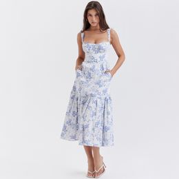 Blue Midi Floral Print Dames Summer Dress Elegant Long Casual Holiday Party Streetwear Dresses 2023