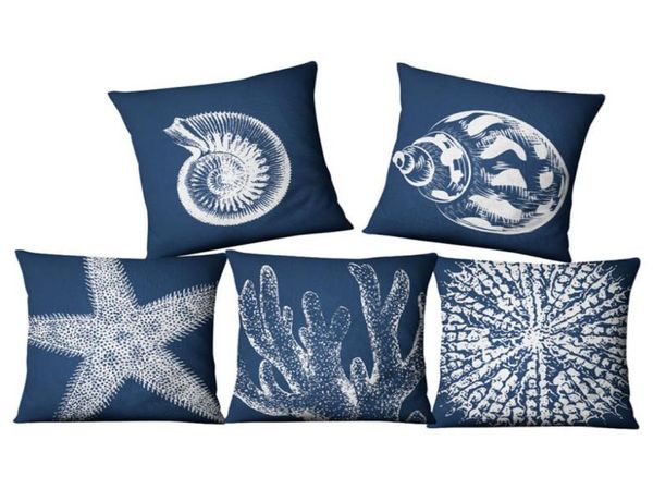 Bleu nautique housse de coussin corail coquillage cojines decorativos marine canapé lit taie d'oreiller 45 cm lin almofada6381605