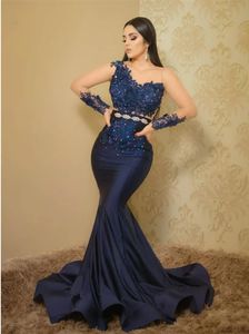 Blue Navy Aso Ebi Mermaid Prom Dresses D Floral Appliques Slim Fit kralen lange mouwen illusie sexy pagenat jurk voor zwarte meisjes Afrian Arabische avond