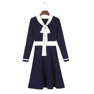 Blauwe marine zwart gebreide lange mouwen boog kraag mini korte jurk winter herfst elegante D0838 210514