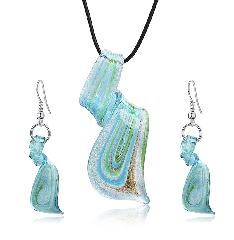 Collier bleu boucles d'oreilles ensemble de bijoux pour femmes filles glaçure spirale couteaux pendentif collier balancent lustre boucles d'oreilles verre accessoires de mariage