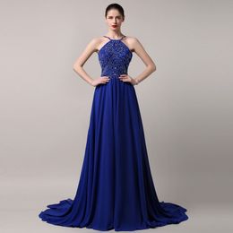 Bleu nouveau exquis diamant ornements sexy licou en mousseline de soie longue section traînant fête formelle robe de soirée sexy dos danse robe de soirée HY1808