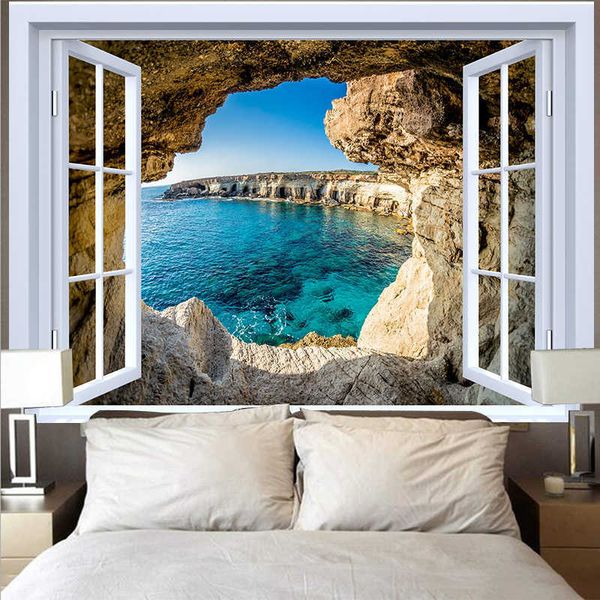 Bleu océan fenêtre tapisserie Hippie plage cocotier mur tissu tenture murale coucher de soleil tapisseries tapis tapis plafond décor à la maison 210609