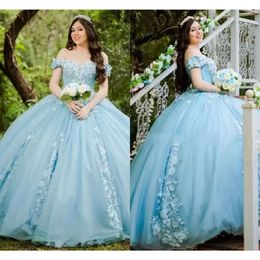 Bleu Off épaule la quinceanera robes légères en tulle arrière 3d en dentelle florale appliquée perled conduit de la princesse sweet 16 bal de bal de bal de bal de bal