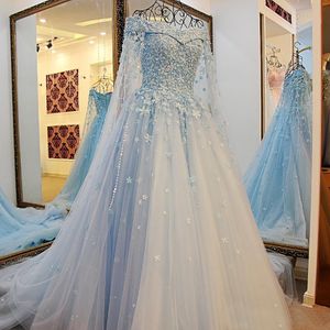 Blauw van de schouder trouwjurken met afneembare kaap kralen parels applique elegante lace up rug bruids bruidsjurken echte foto