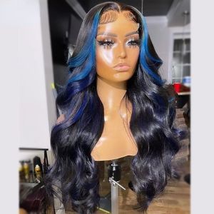 Perruque Lace Frontal Wig synthétique brésilienne lisse, cheveux naturels ombré bleu, 13x4, Body Wave, perruque Lace Front Wig transparente