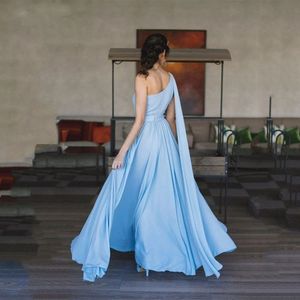Bleu une épaule en mousseline de soie robes de soirée formelles une ligne dos nu robes de soirée de bal étage longueur robes de soirée 2022